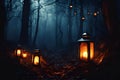 Lanterns lit in a dark, enchanted forest. Royalty Free Stock Photo