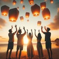 Lanterns of Love: Family\'s Sunset Skyward Sendoff Royalty Free Stock Photo