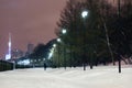 Lanterns near green trees on quay with white snow at winter Royalty Free Stock Photo