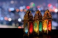 Lanterns with night sky and city bokeh light background