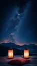 Lanterns and pillow under a starry night sky in the mountains Royalty Free Stock Photo