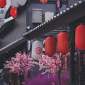 Lanterns. Red and white lanterns are putting up for decorating on the roof of Japanese house for local festival. Selective focus Royalty Free Stock Photo