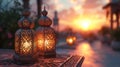 Lanterns on the table at night, Ramadan Kareem background
