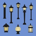 Lanterns in vintage style, outdoor design elements. Collection of lamp posts isolated. Architectural elements