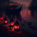 Lanterns on the water\'s edge with a floating boat in the background and the glow of fireworks of light. Diwali, the dipawali