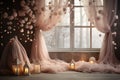 Lanterns on window sill in room with curtains and flowers Royalty Free Stock Photo