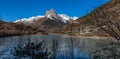 Lanuza reservoir (Huesca), frozen water and first snow in the mountains