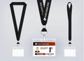 Lanyard design, realistic illustration. Identification card with ribbon. Metal closure and card with plastic. Accreditation for