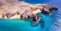 Lanzarorote Canary islands beach scenery. Aerial drone panoramic high angle view of popular scenic Papagayo beach