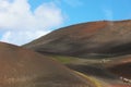 LANZAROTE, SPAIN - APRIL 20, 2018: the incredible desert landscape of Timanfaya National Park with red and black mountain sands