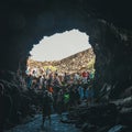 People descend into a Cave Cueva de los Verdes, volcanic cave in Lanzarote