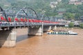 LANZHOU, CHINA - OCT 2 2014: Sun Yat-Sen Bridge (Zhongshan Qiao). a famous First Bridge across the Yellow River in