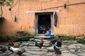 Lao Cai, Vietnam - Sep 7, 2017: Wall thick adobe style house closeup with Ethnic girl embroiders on door at her house with poultry