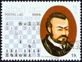 LAOS - CIRCA 1988: A stamp printed in Laos from the `Chess Masters` issue shows Ruy Lopez Segura, circa 1988.