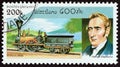 LAOS - CIRCA 1997: A stamp printed in Laos from the `Steam Railway Locomotives` issue shows George Stephenson and Pioneer, 1836 Royalty Free Stock Photo