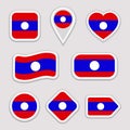 Laos flag stickers set. Laotian national symbols badges. Isolated geometric icons. Vector official flags collection