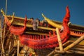 Laos temple architecture. Restoration works in progress, men at work