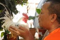 Laos: Theravada-Buddhist monk talks to a chicken Royalty Free Stock Photo