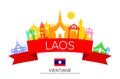 Laos Travel Landmarks and flag.