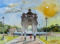 Laos travel landmarks. Patuxay monument in Vientiane famous landmarks of Laos. Watercolor paintings