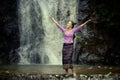 Laos Woman wearing Laos traditional dress enjoy with nature port Royalty Free Stock Photo