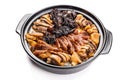 Lap mei fan or waxed meat rice on white background. It is Chinese traditional dish that is served during Chinese New