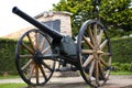 Lapa, Parana, Brazil / February 2020: Old cannon used in the Federalist Revolution. In the background, a bronze plaque