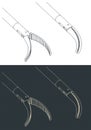 Laparoscopic forceps with curved head isometric blueprints Royalty Free Stock Photo