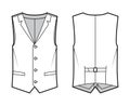 Lapelled vest waistcoat technical fashion illustration with sleeveless, notched shawl collar, button-up closure, pockets