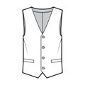 Lapelled vest waistcoat technical fashion illustration with sleeveless, notched shawl collar, button-up closure, pockets