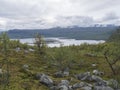 Lapland nature at Kungsleden hiking trail with Akkajaure lake, green mountains, rock boulders, autumn colored bushes, birch tree