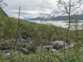 Lapland nature at Kungsleden hiking trail with Akkajaure lake, green mountains, rock boulders, autumn colored bushes, birch tree