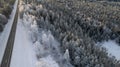 Lapland, Scandinavia in winter. Aerial view of winter forest covered in snow, drone photography Royalty Free Stock Photo