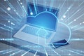 Laptop with abstract glowing cloud and digital blue mesh hologram on blurry desk background. Safety and secure concept. Double