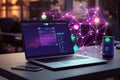Laptop with abstract glowing network interface on screen. 3d rendering Royalty Free Stock Photo