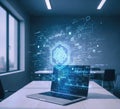 Laptop with advanced digital data interface and hexagonal hologram in modern meeting room, futuristic technology concept. Royalty Free Stock Photo