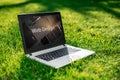 Laptop with advertising screen on the background green grass, outdoor office. Design concept. Business idea. Royalty Free Stock Photo