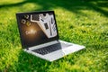 Laptop with advertising screen on the background green grass, outdoor office. Design concept. Business idea. Royalty Free Stock Photo