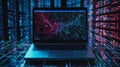 a laptop against the background of visualization of a computer internet network, social connection, analytics, information.