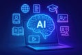 Laptop with AI brain graphic and neon blue icons for global connection, learning, and digital content Royalty Free Stock Photo