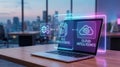 Laptop with AI file processing and cloud intelligence interface, artificial intelligence technology concept, AI generated Royalty Free Stock Photo