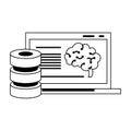 Laptop analizing human brain artificial intelligence in black and white Royalty Free Stock Photo