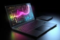 A laptop with analytical data and chart flows. 3D rendering illustration. Generative AI