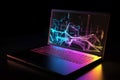 A laptop with analytical data and chart flows. 3D rendering illustration. Generative AI