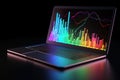 A laptop with analytical data and chart flows. 3D rendering illustration. Generative AI