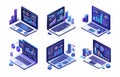 Laptop analytics isometric vector concepts. Notebook chart bars graphic diagrams graphs data columns business indicators