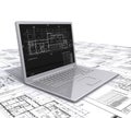 Laptop architectural plans Royalty Free Stock Photo