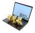 Laptop with bitcoins isolated over white. Royalty Free Stock Photo