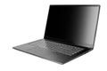 Laptop with blank black screen on white background isolated close up side view, modern slim computer design, open empty display Royalty Free Stock Photo