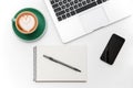 Laptop, blank screen cellphone, cup of coffee, notepad and pen Royalty Free Stock Photo